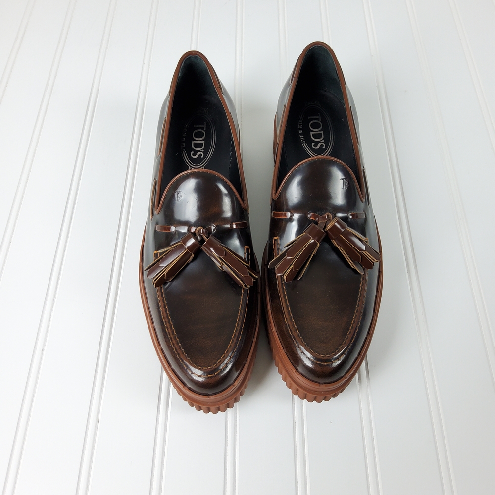 TOD'S Dark Brown Leather Tassel Slip-On Loafers